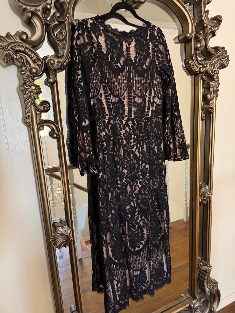 Black Lace Midi Dress with Nude Lining